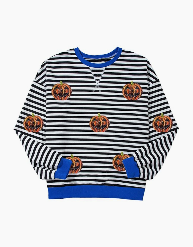Black Stripe Funny Halloween Pumpkin Face Pattern Oversize Sweatshirt