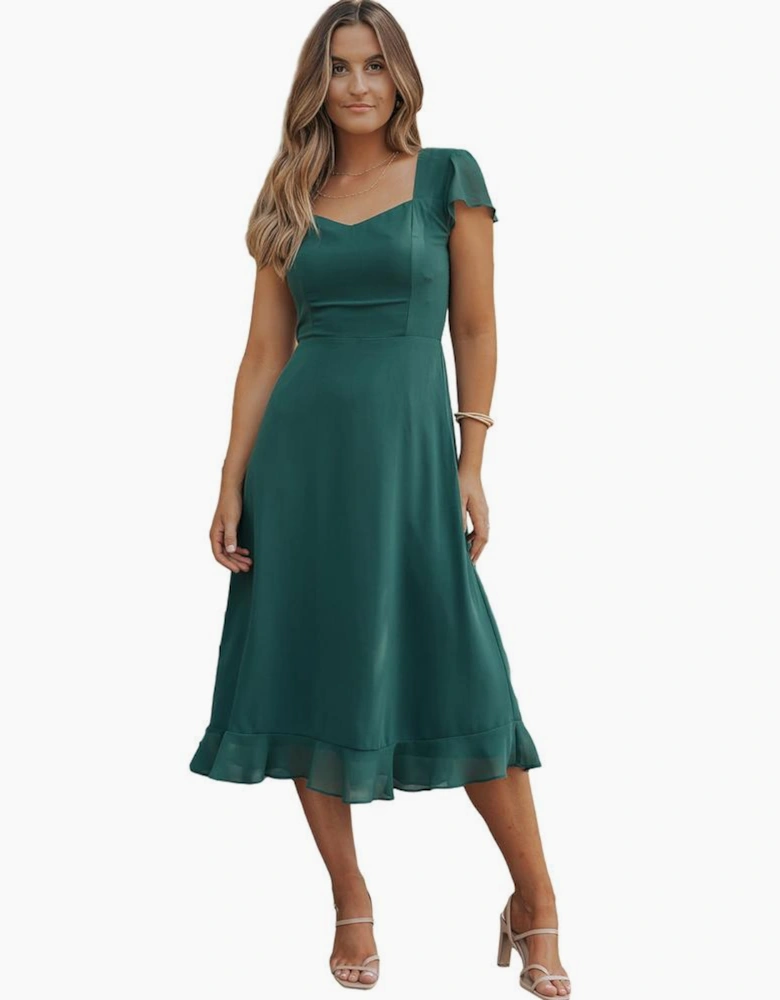 Sea Green Shirred Open Back Sweetheart Neck Ruffled Midi Dress