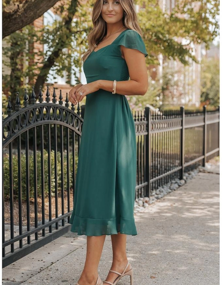 Sea Green Shirred Open Back Sweetheart Neck Ruffled Midi Dress