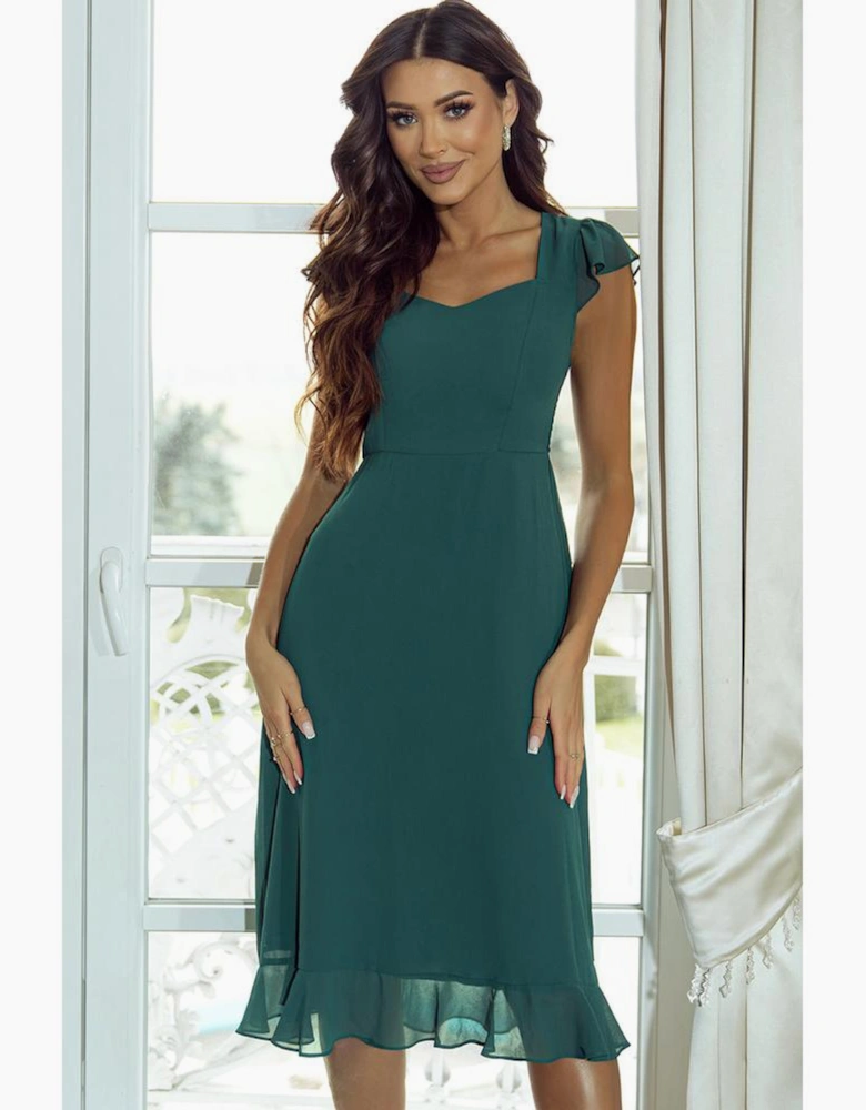 Sea Green Shirred Open Back Sweetheart Neck Ruffled Midi Dress