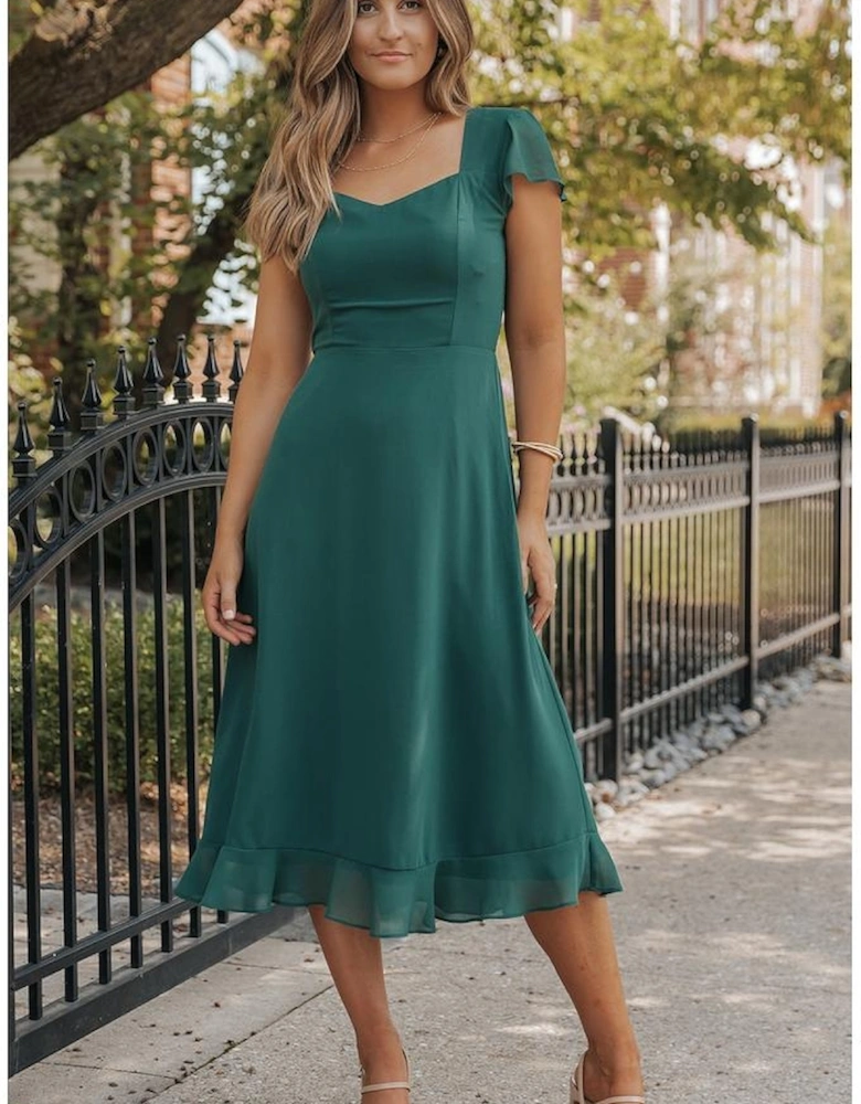 Sea Green Shirred Open Back Sweetheart Neck Ruffled Midi Dress