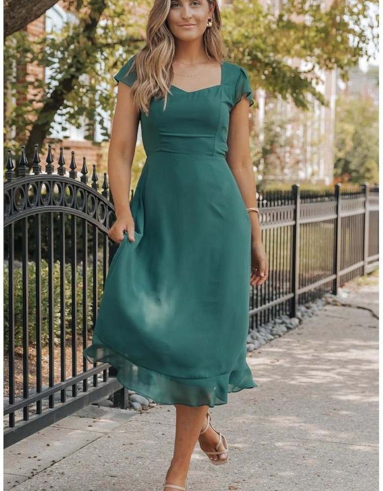 Sea Green Shirred Open Back Sweetheart Neck Ruffled Midi Dress