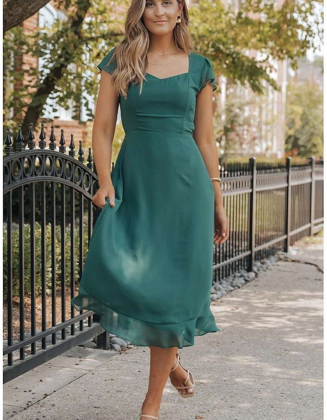 Sea Green Shirred Open Back Sweetheart Neck Ruffled Midi Dress