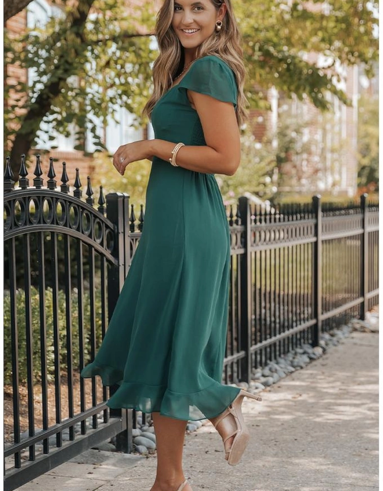 Sea Green Shirred Open Back Sweetheart Neck Ruffled Midi Dress