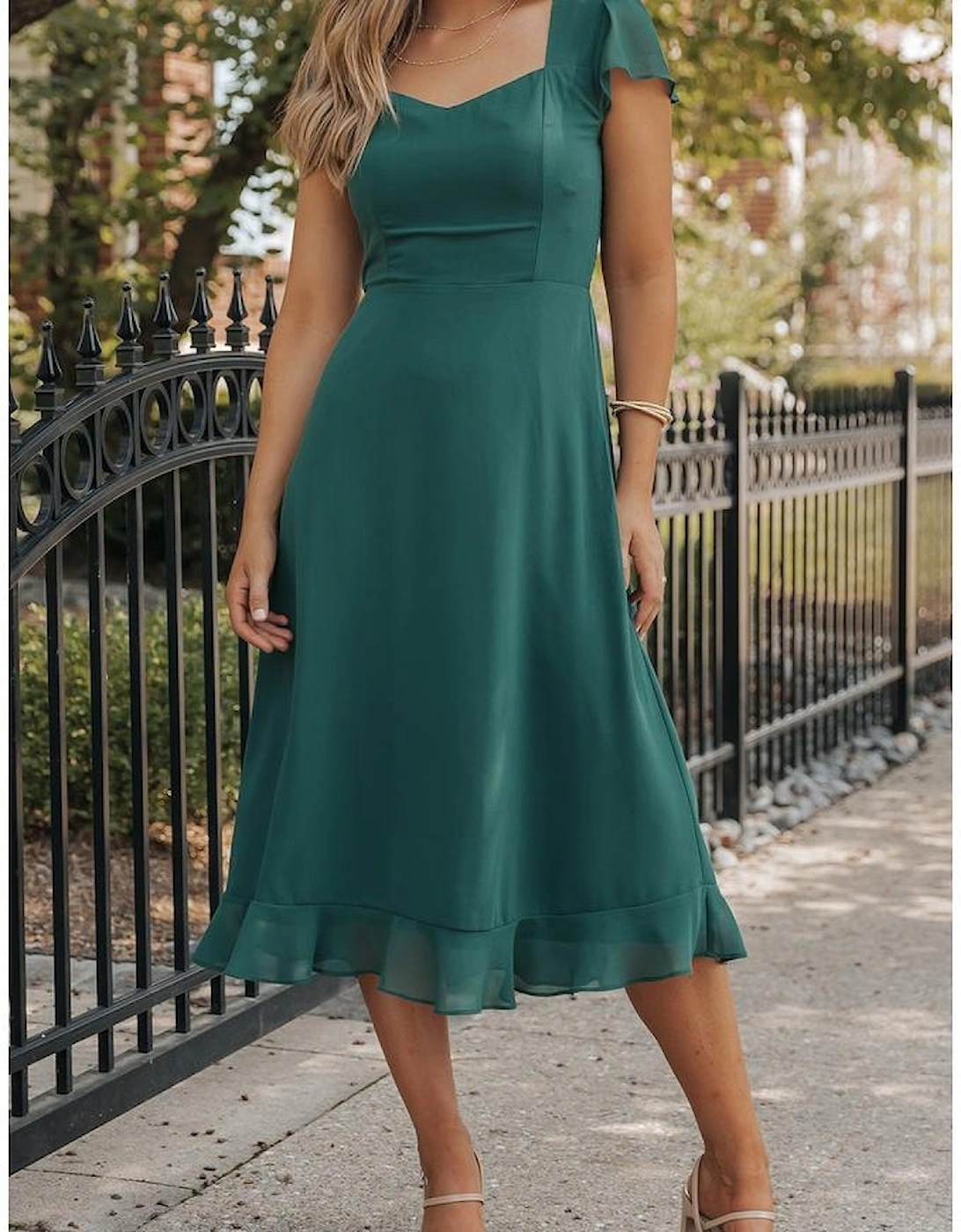 Sea Green Shirred Open Back Sweetheart Neck Ruffled Midi Dress