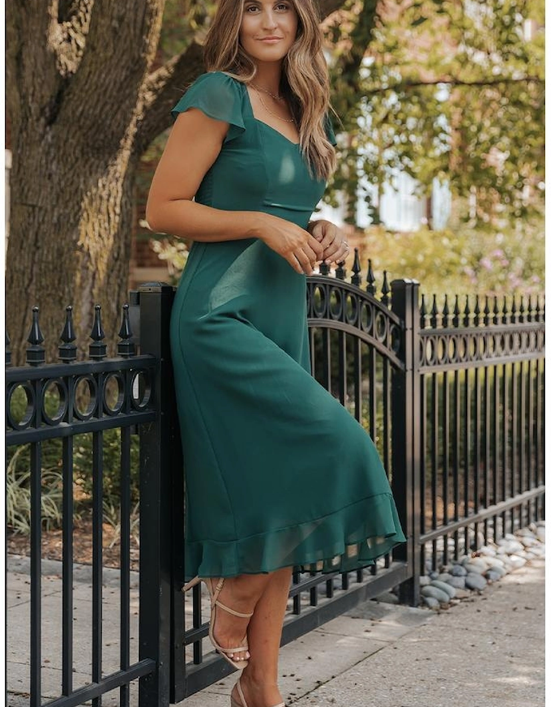 Sea Green Shirred Open Back Sweetheart Neck Ruffled Midi Dress