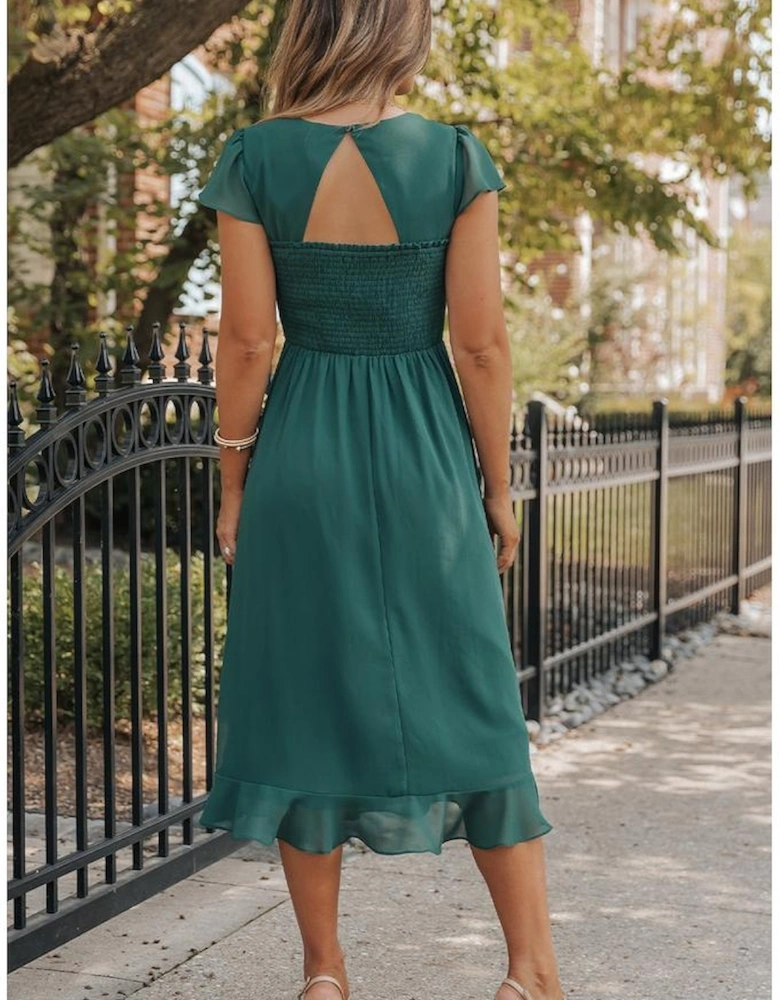 Sea Green Shirred Open Back Sweetheart Neck Ruffled Midi Dress
