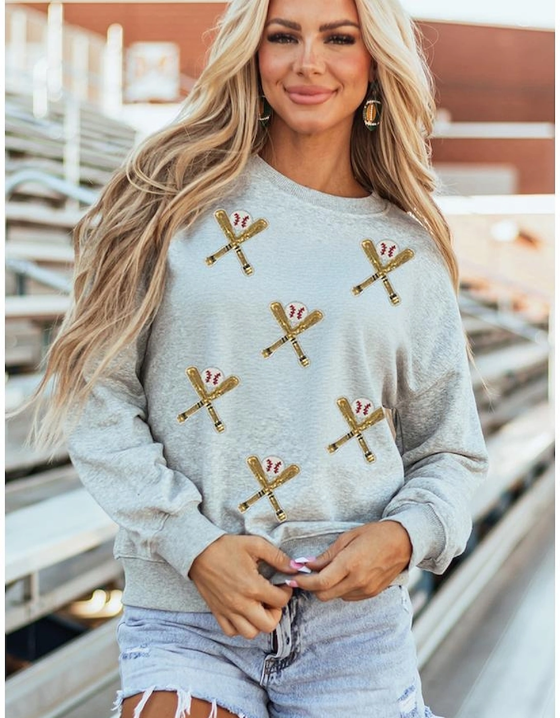 Gray Sequin Baseball Game Day Graphic Casual Sweatshirt