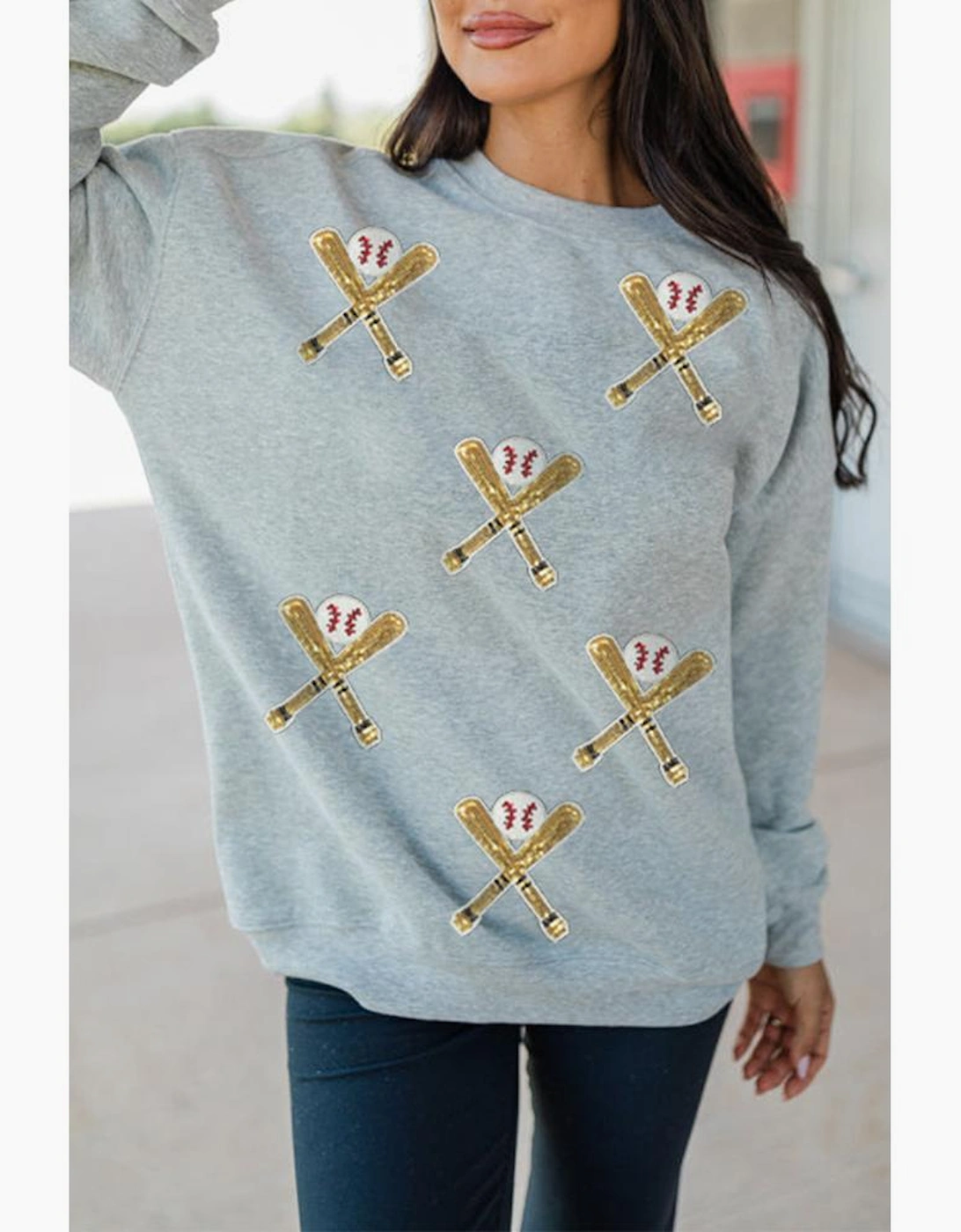 Gray Sequin Baseball Game Day Graphic Casual Sweatshirt