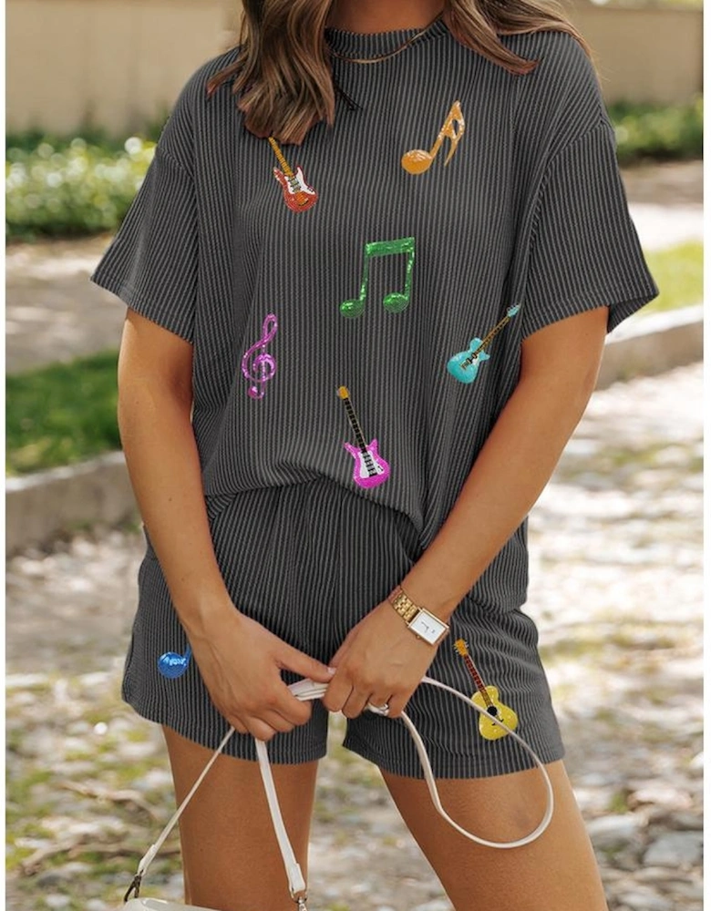 Carbon Grey Twisted Rib Texture Guitar Music Note Patched 2pcs Short Set