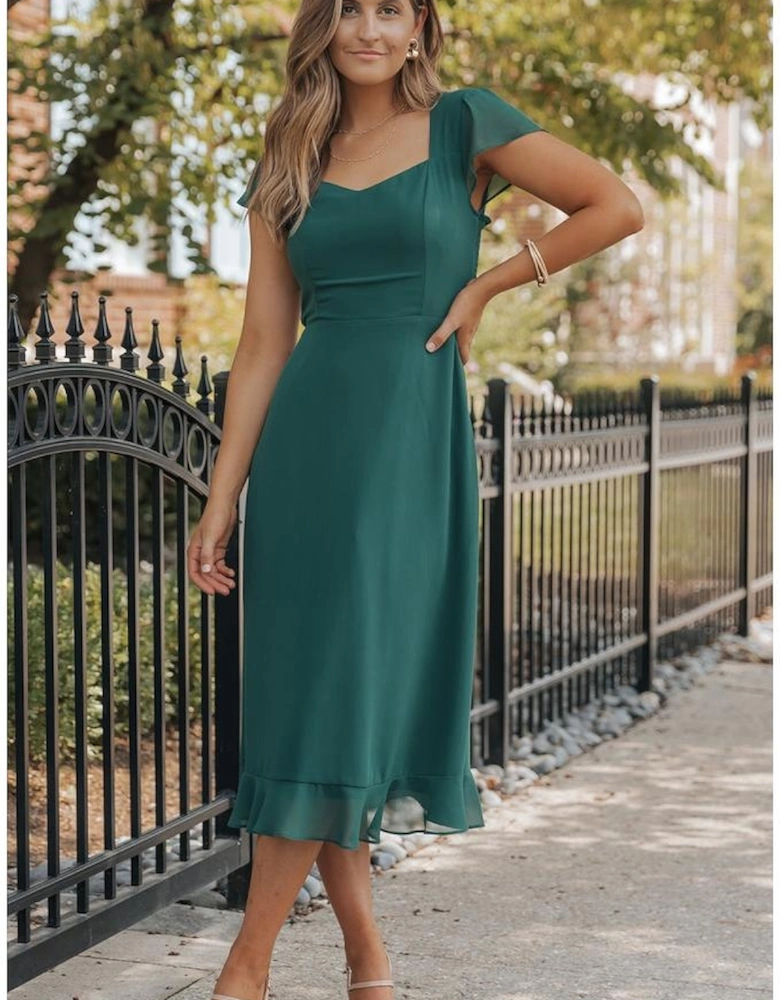 Sea Green Shirred Open Back Sweetheart Neck Ruffled Midi Dress