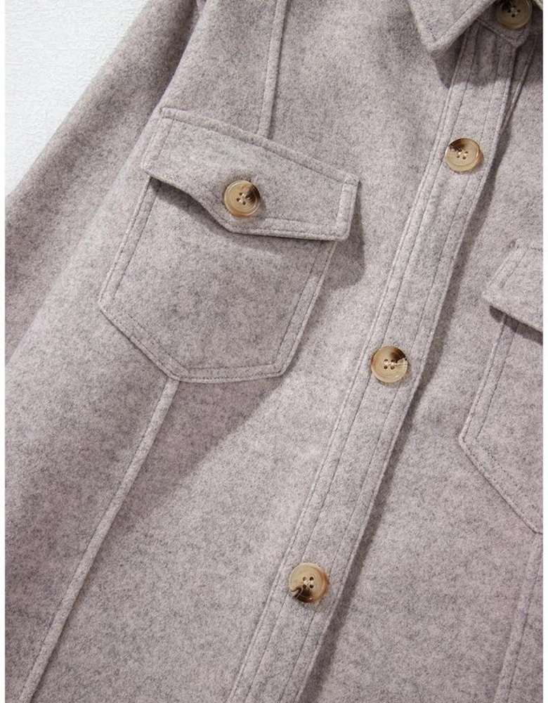 Light Grey Turn Down Collar Flap Pockets Buttoned Shacket
