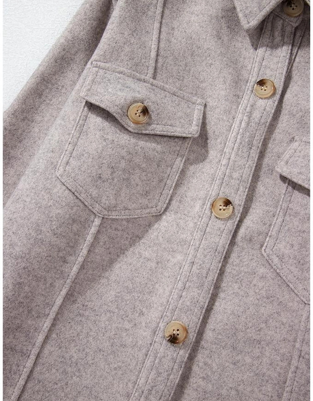 Light Grey Turn Down Collar Flap Pockets Buttoned Shacket