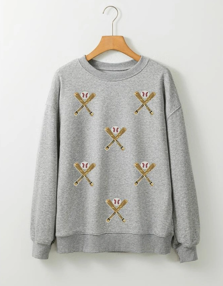 Gray Sequin Baseball Game Day Graphic Casual Sweatshirt