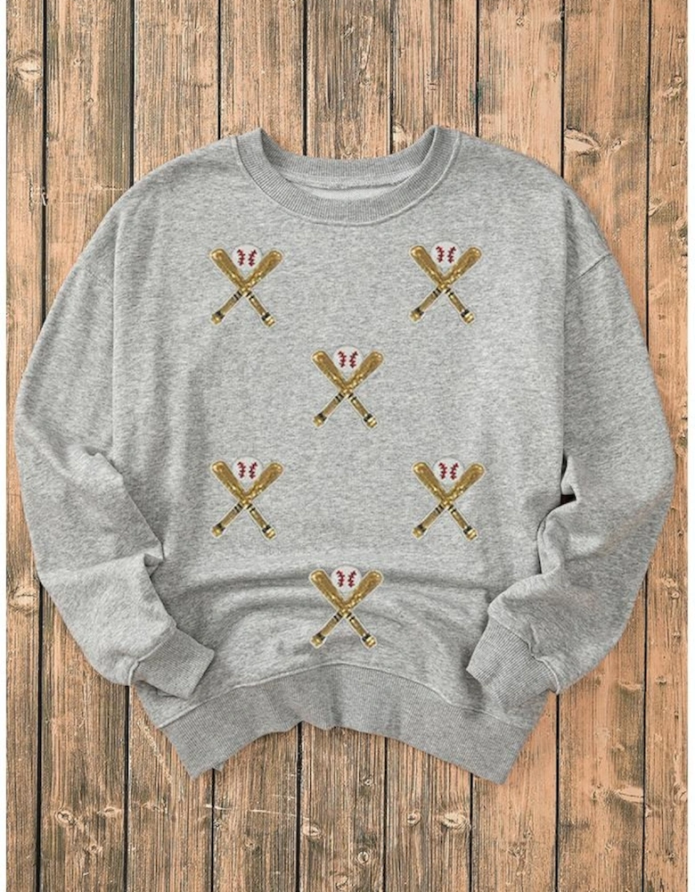 Gray Sequin Baseball Game Day Graphic Casual Sweatshirt