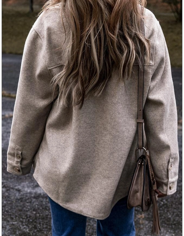 Light Grey Turn Down Collar Flap Pockets Buttoned Shacket