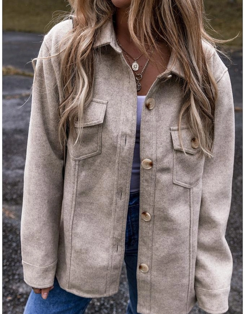 Light Grey Turn Down Collar Flap Pockets Buttoned Shacket