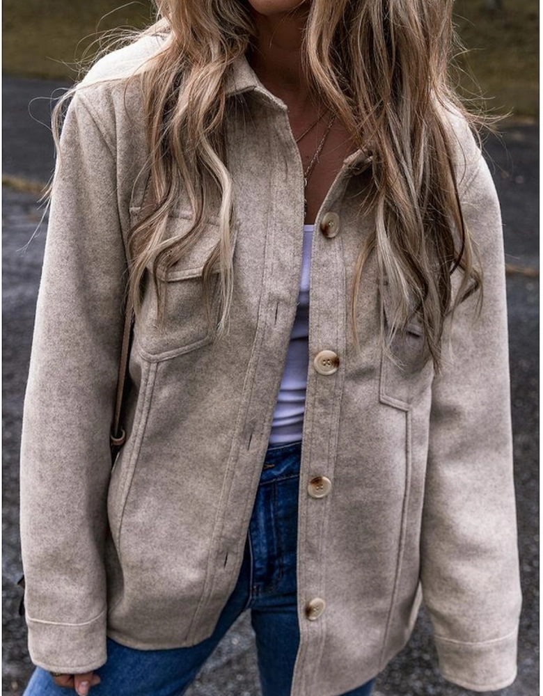 Light Grey Turn Down Collar Flap Pockets Buttoned Shacket