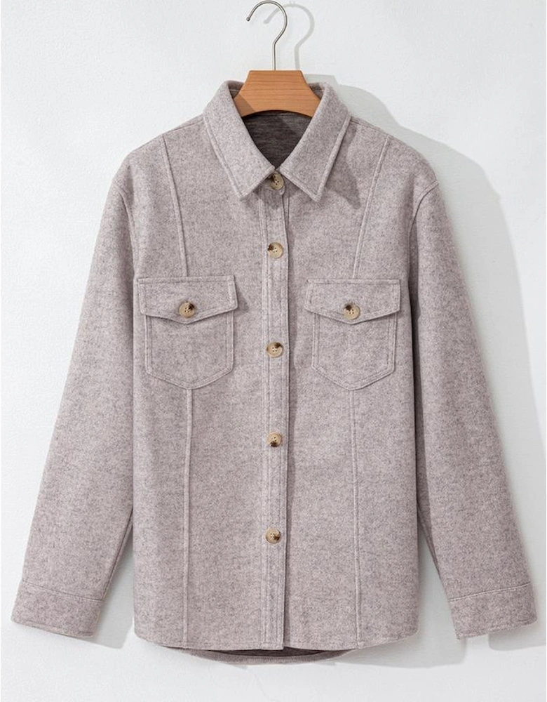 Light Grey Turn Down Collar Flap Pockets Buttoned Shacket