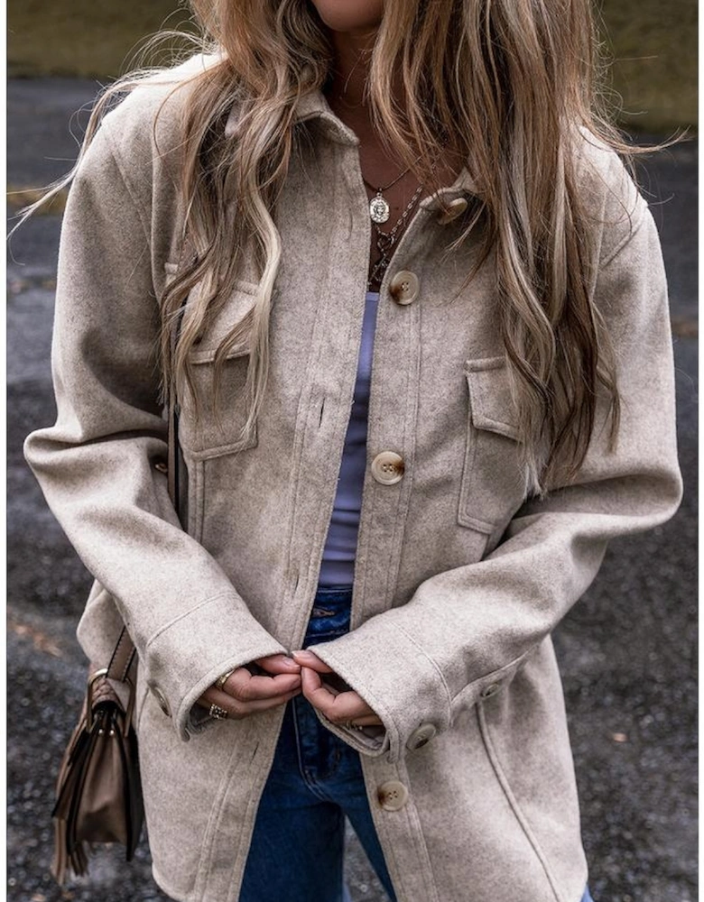 Light Grey Turn Down Collar Flap Pockets Buttoned Shacket