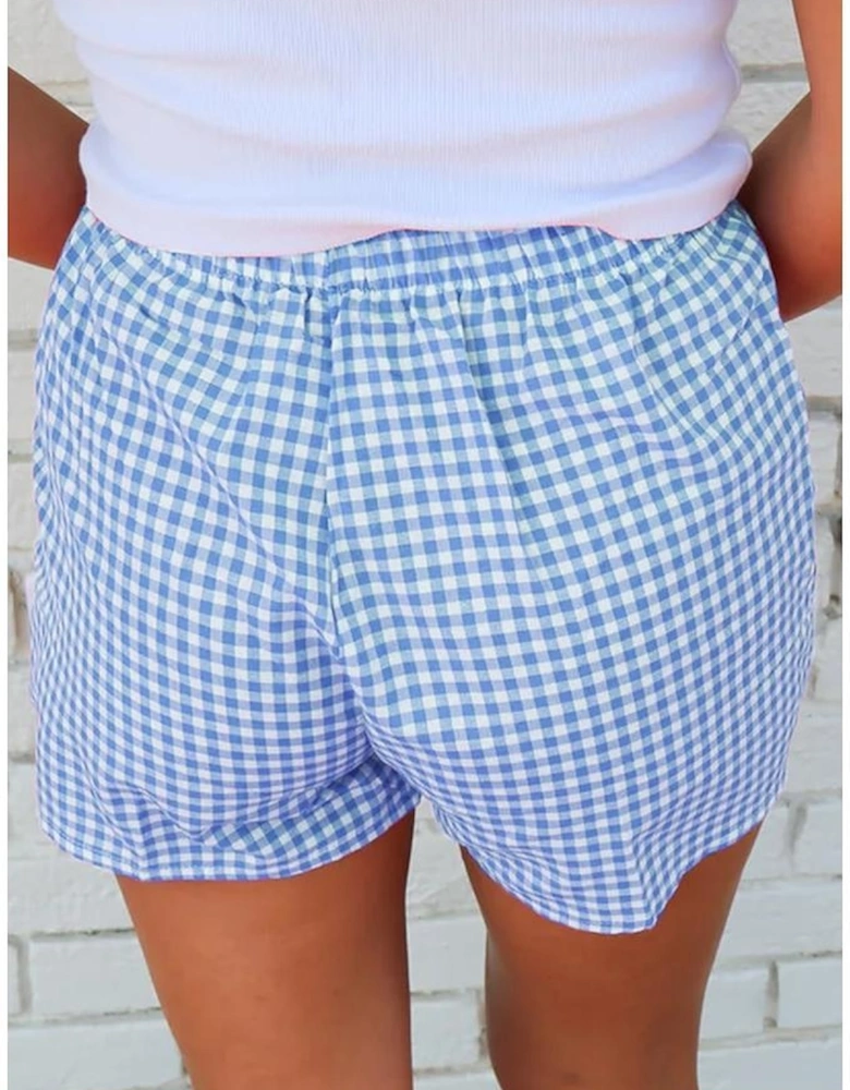 blue Red Plaid Gingham Printed High Waist Shorts