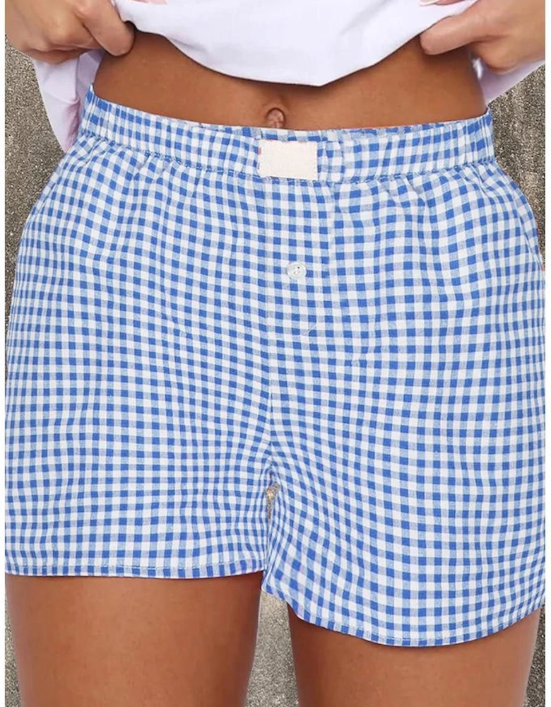 blue Red Plaid Gingham Printed High Waist Shorts