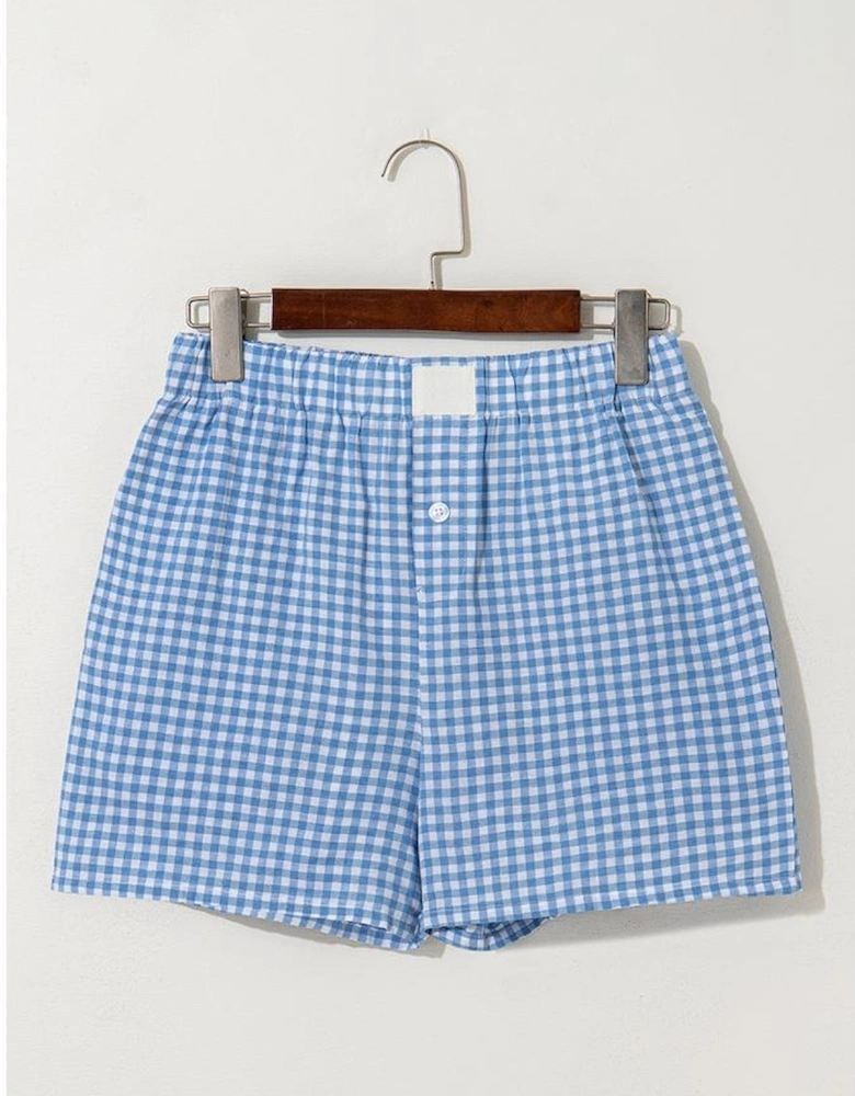 blue Red Plaid Gingham Printed High Waist Shorts