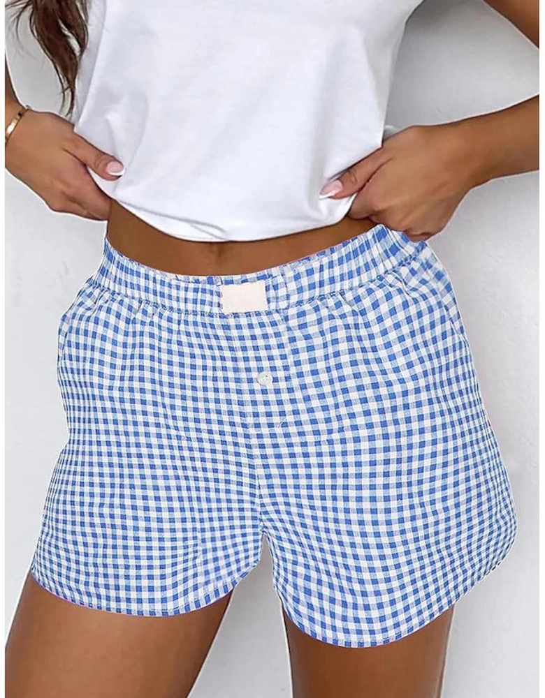 blue Red Plaid Gingham Printed High Waist Shorts
