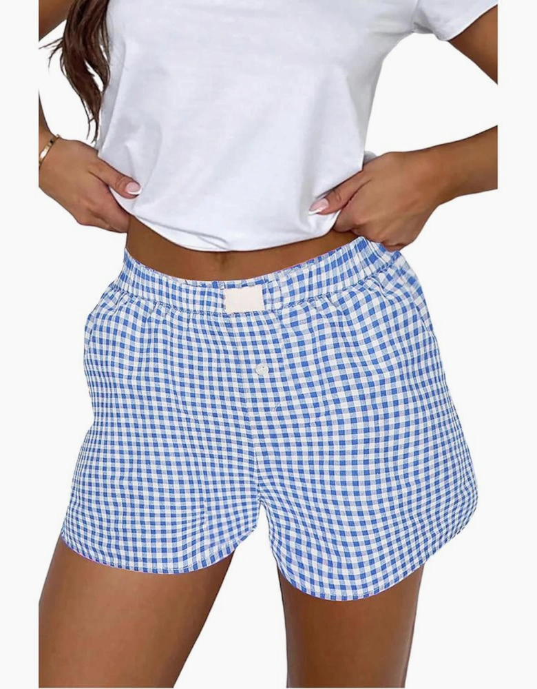 blue Red Plaid Gingham Printed High Waist Shorts