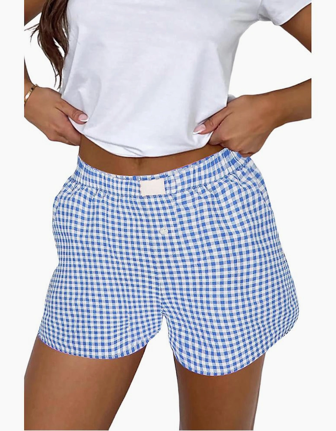 blue Red Plaid Gingham Printed High Waist Shorts