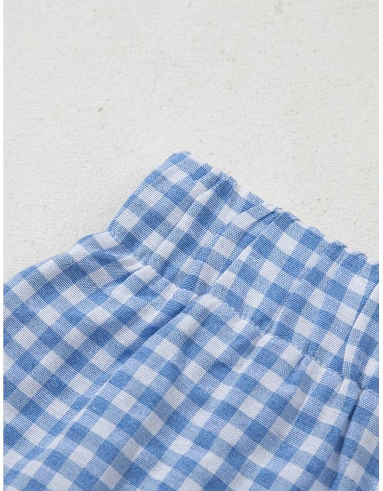 blue Red Plaid Gingham Printed High Waist Shorts