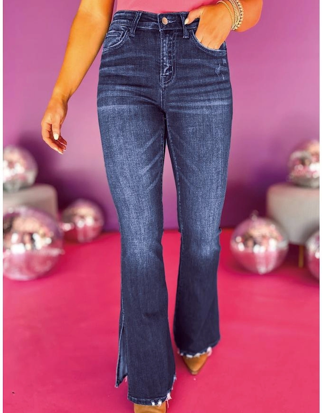 Wild Wind Medium Wash High Waist Split Flared Jeans, 4 of 3