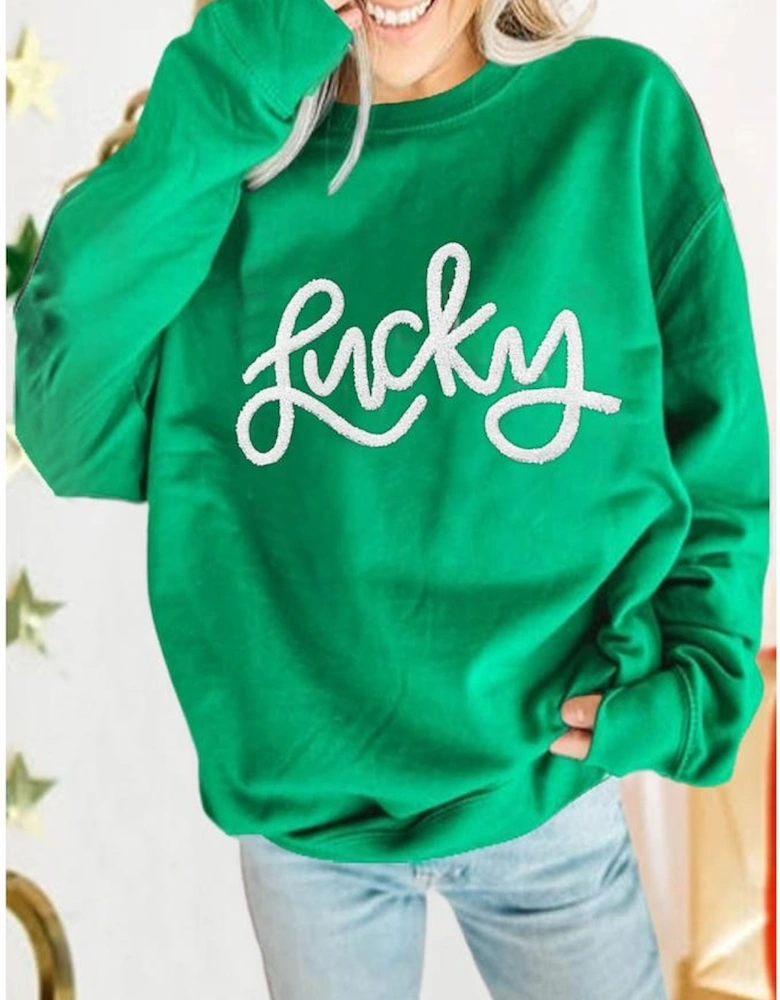 Green LUCKY Aphabet Chenille Embroidered Pullover Sweatshirt