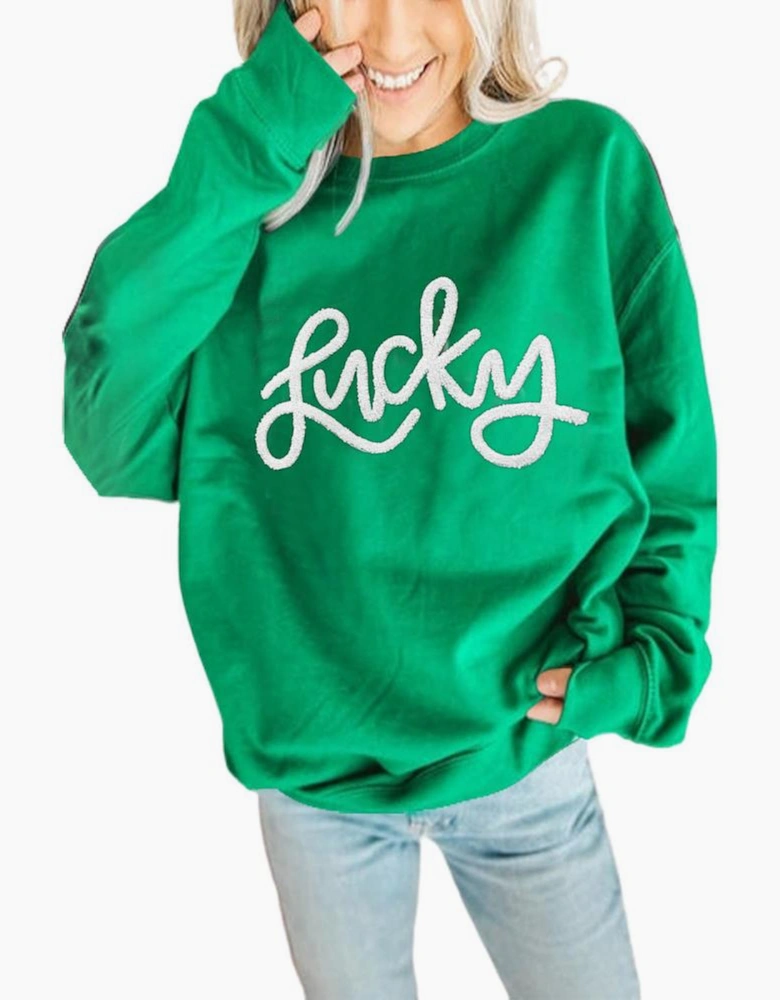 Green LUCKY Aphabet Chenille Embroidered Pullover Sweatshirt