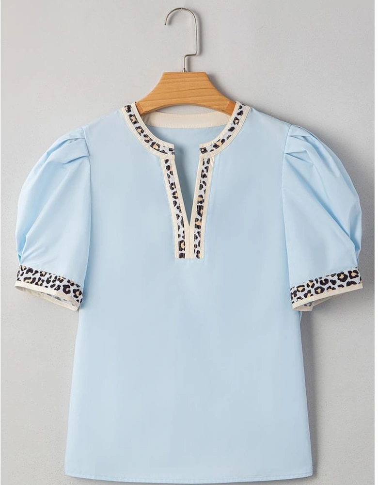 Beau Blue Contrast Leopard Trim Split Neck Puff Sleeve Blouse