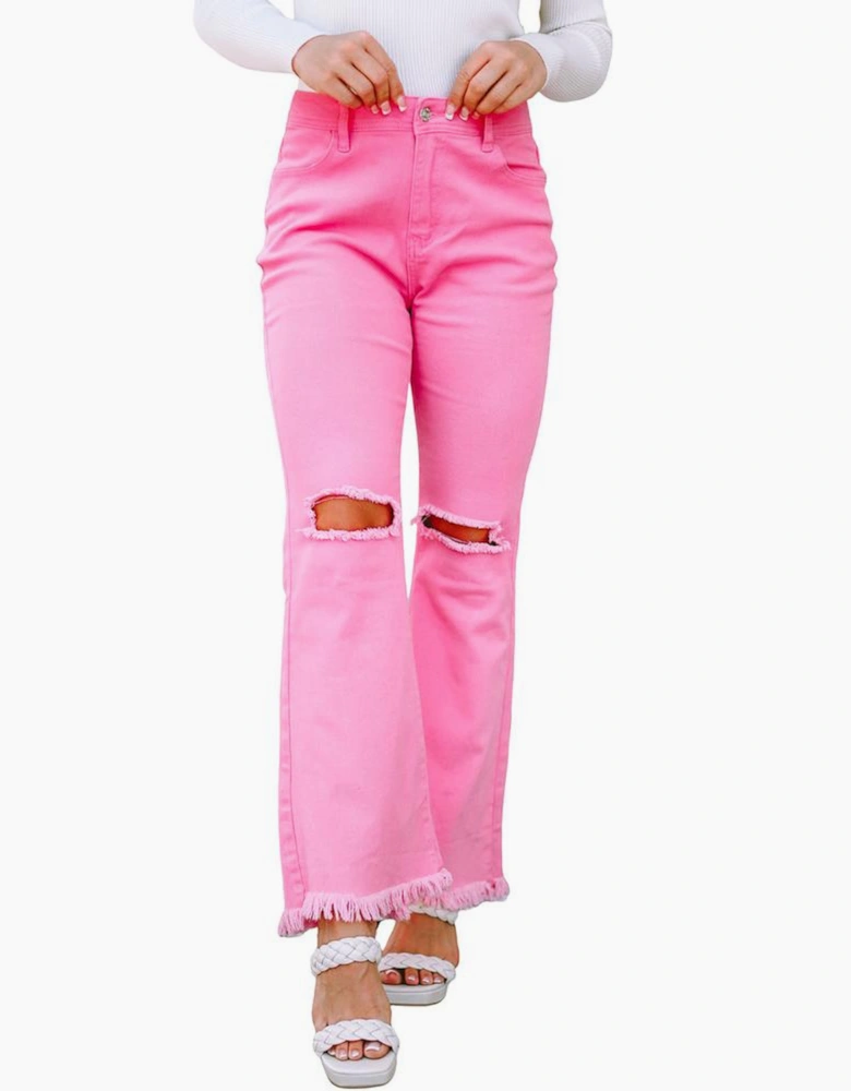 Pink Vintage High Waist Flare Leg Ripped Raw Hem Jeans