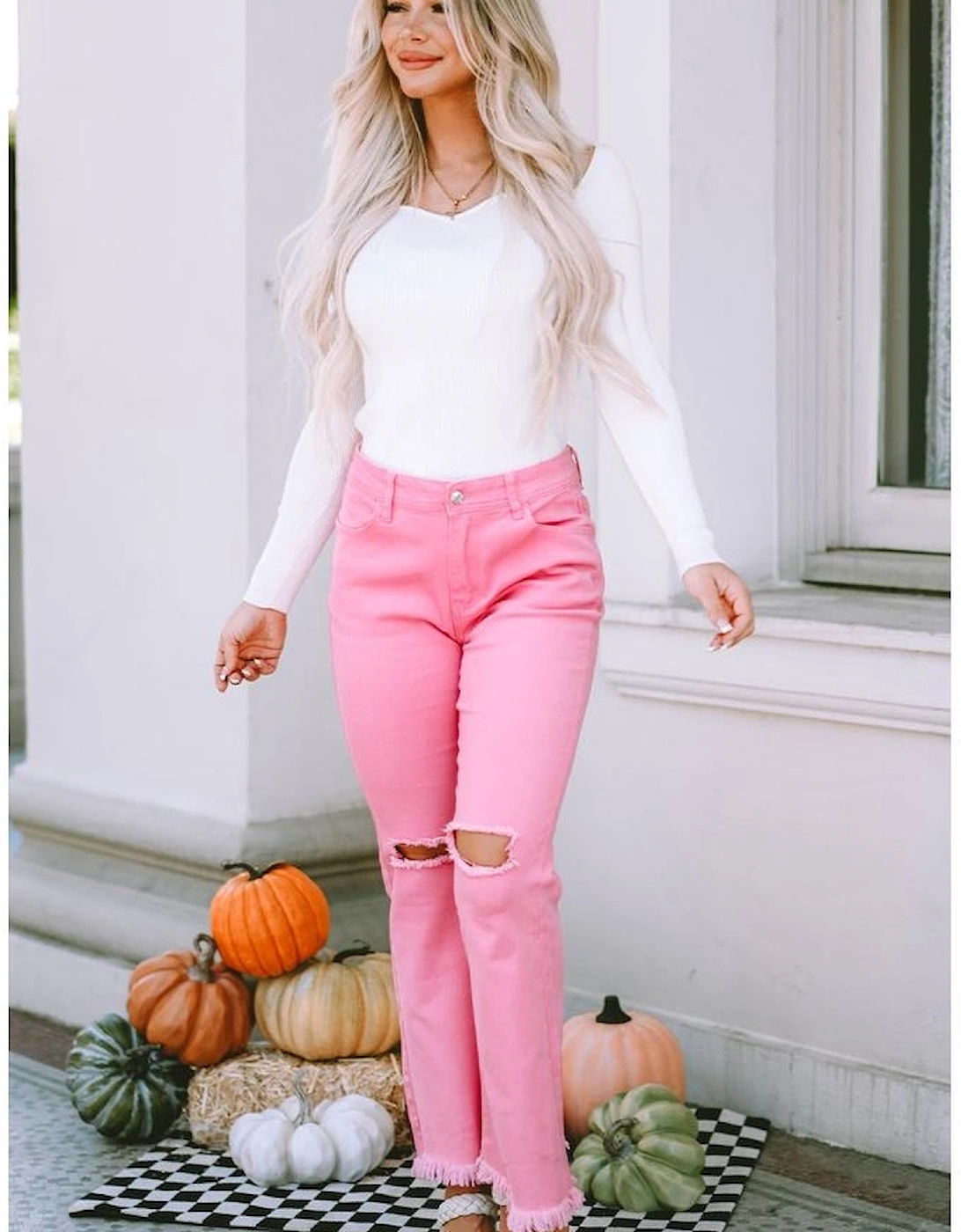 Pink Vintage High Waist Flare Leg Ripped Raw Hem Jeans