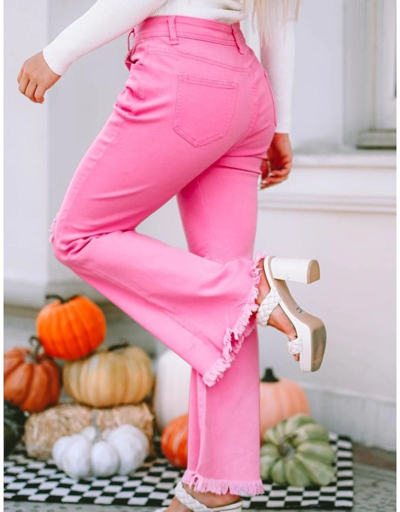 Pink Vintage High Waist Flare Leg Ripped Raw Hem Jeans