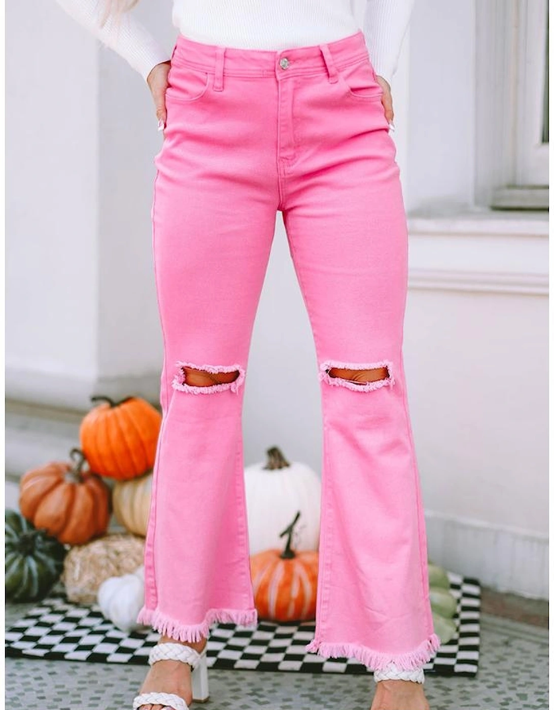 Pink Vintage High Waist Flare Leg Ripped Raw Hem Jeans