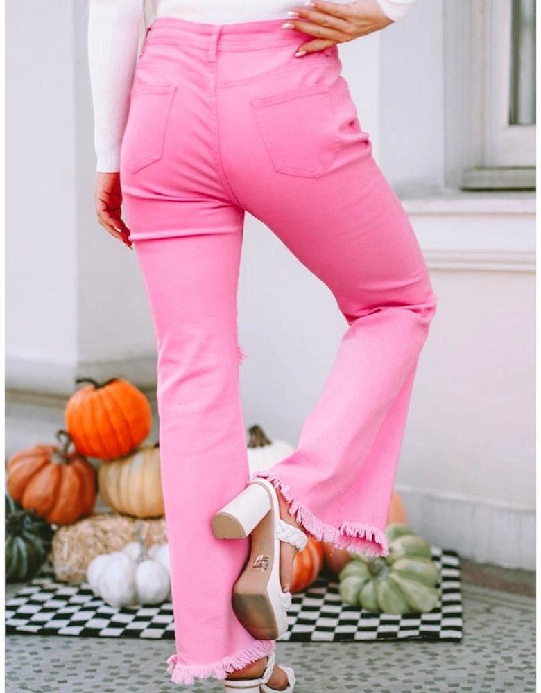 Pink Vintage High Waist Flare Leg Ripped Raw Hem Jeans