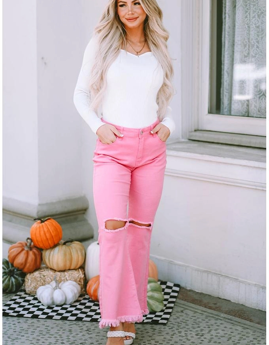 Pink Vintage High Waist Flare Leg Ripped Raw Hem Jeans