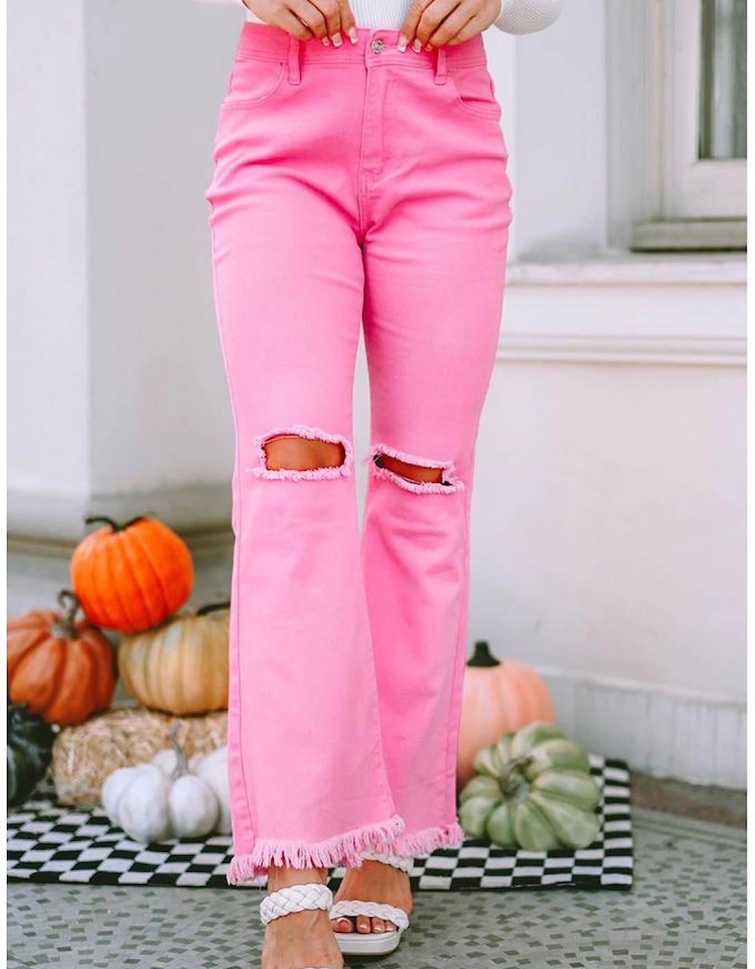 Pink Vintage High Waist Flare Leg Ripped Raw Hem Jeans