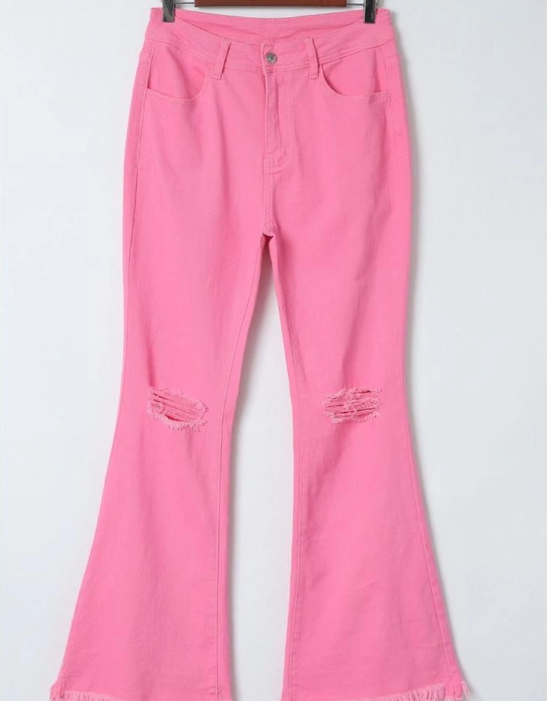Pink Vintage High Waist Flare Leg Ripped Raw Hem Jeans