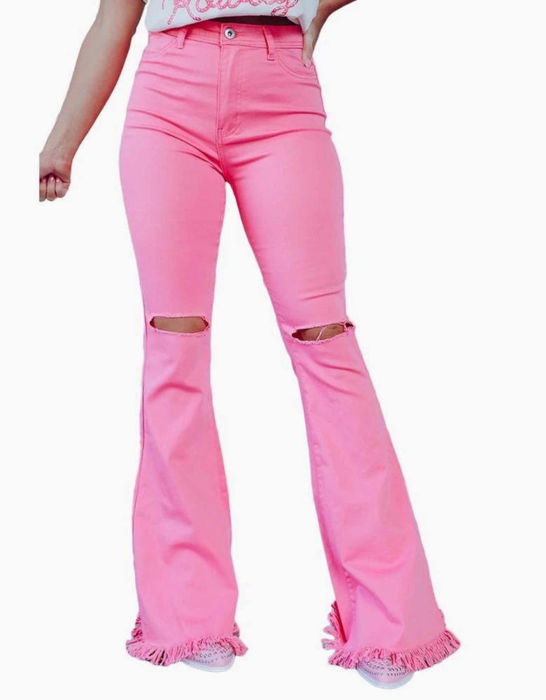 Pink Vintage High Waist Flare Leg Ripped Raw Hem Jeans