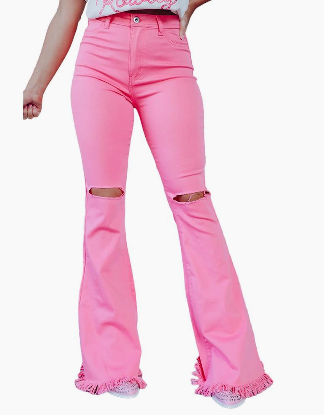 Pink Vintage High Waist Flare Leg Ripped Raw Hem Jeans