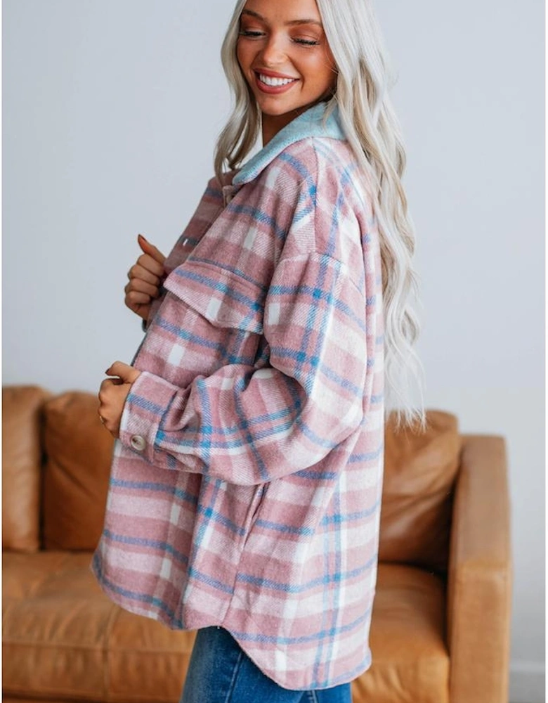 Pink Plaid Print Color Block Collared Flap Pockets Loose Shacket