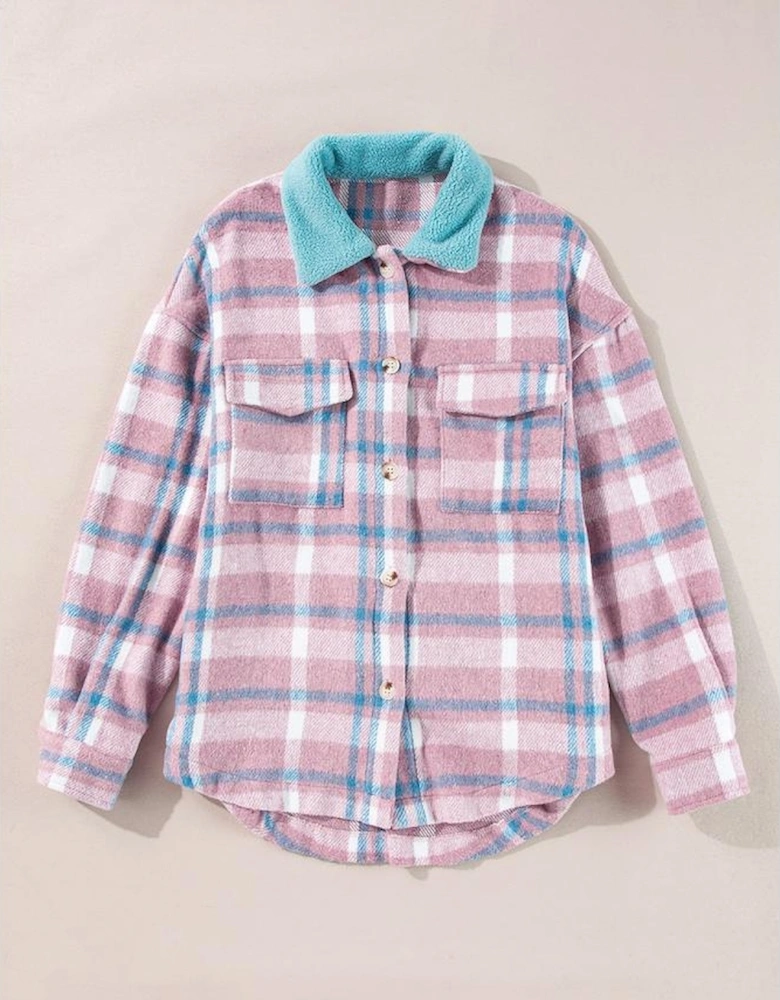 Pink Plaid Print Color Block Collared Flap Pockets Loose Shacket