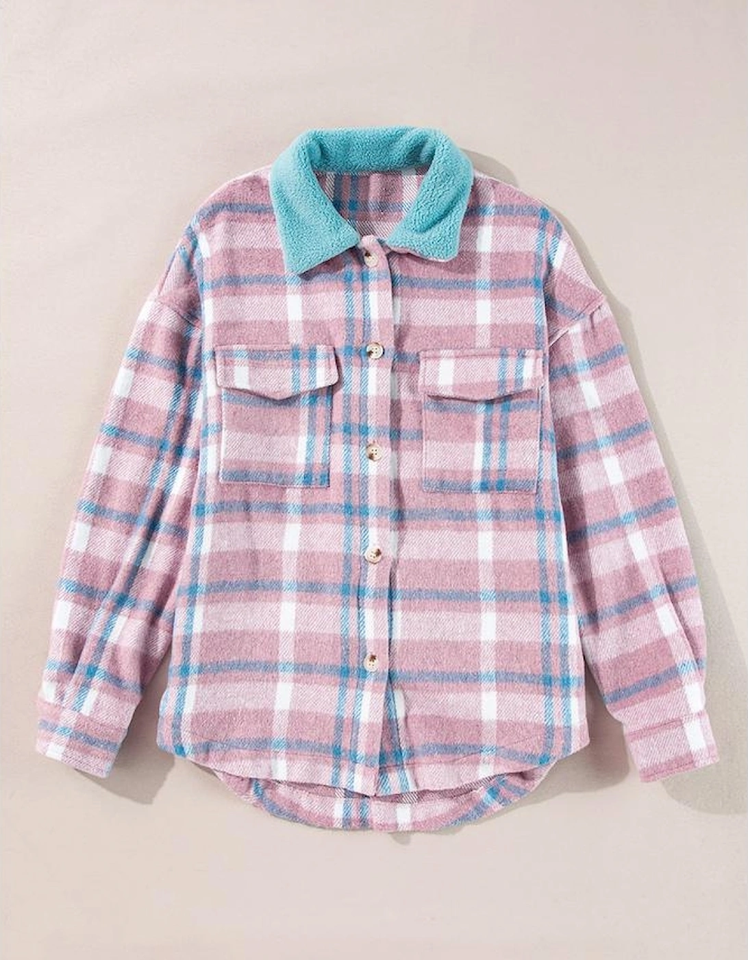 Pink Plaid Print Color Block Collared Flap Pockets Loose Shacket