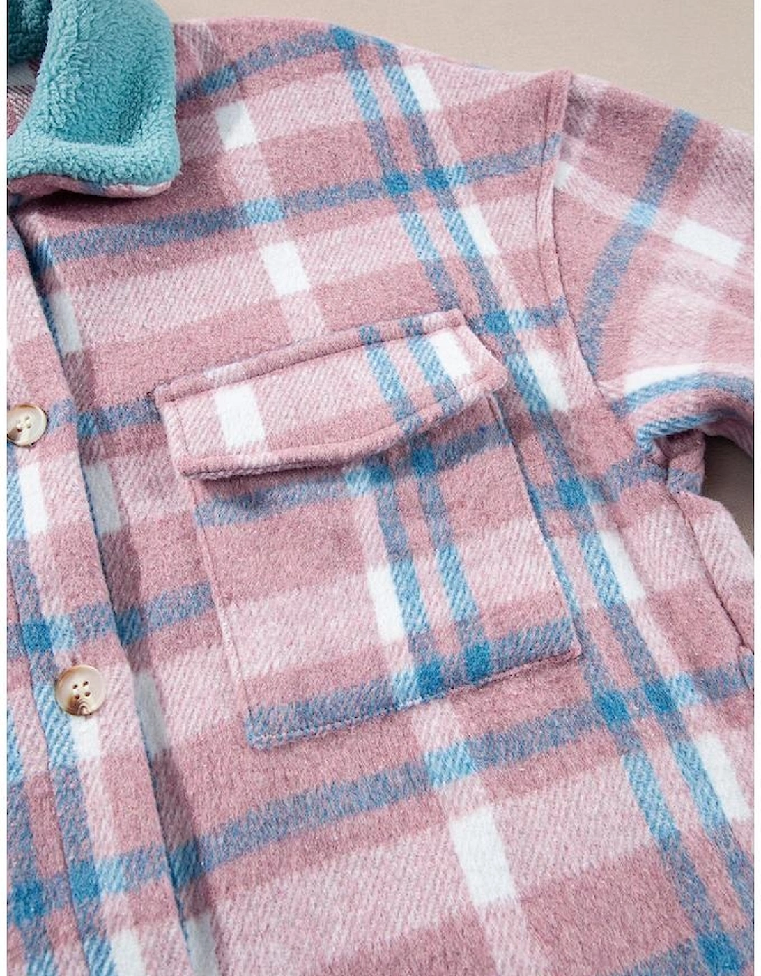 Pink Plaid Print Color Block Collared Flap Pockets Loose Shacket