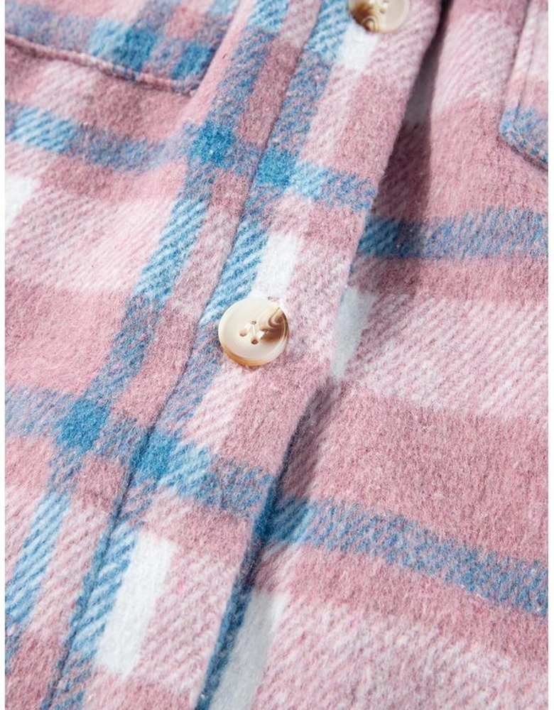 Pink Plaid Print Color Block Collared Flap Pockets Loose Shacket